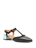Chie Mihara Jamedi black leather and suede T-bar slingback pump, light blue metallic low block heel and ankle strap buckle, artisan leather shoes made in Spain


