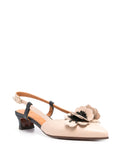 Chie Mihara Jamedi nude leather and black lizard T-strap slingback pump, 3D flower detail and comfortable low block heel, artisan leather shoes