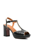 Chie Mihara Keduni black and ivory leather T-strap platform slingback sandal, high block heel and ankle buckle