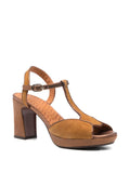 Chie Mihara Keduni mustard amber suede and bronze metallic T-strap platform slingback sandal, high block heel and ankle buckle

