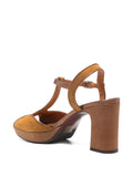 Chie Mihara Keduni women's tan cognac suede and bronze copper metallic T-strap platform sandal with lizard texture block heel, luxury shoes made in Spain