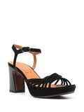 Chie Mihara Keske black suede knotted multi-strap platform sandal, open round toe and stylish high block heel, artisan leather shoes

