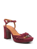 Chie Mihara Keske burgundy suede multi-strap platform sandal, open round toe with interlaced straps and stylish high block heel, artisan leather shoes

