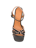 Chie Mihara Leilah black leather knotted strap sandal with rose gold metallic piping, leather insole with brand stamp