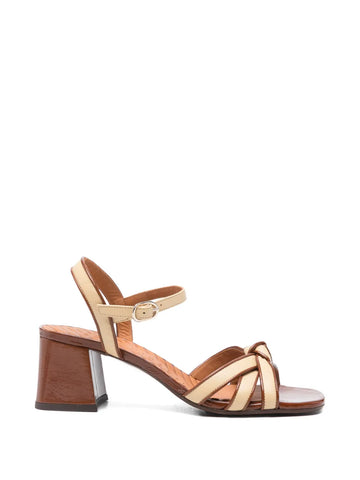 Sandalia Tacón Medio Crema - Cognac