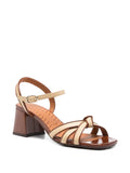 Chie Mihara Leilah ivory sand and brown patent leather knotted strap slingback sandal, block heel and ankle buckle