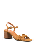 Chie Mihara Leske camel mustard suede sandal, knotted multi-strap vamp and lizard embossed block heel