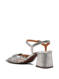Chie Mihara Leske women's gunmetal silver pewter metallic leather sandal with knotted straps and block heel, luxury shoes made in Spain