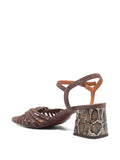 Chie Mihara Leske women's mousse taupe greige suede slingback sandal with knotted straps and snake print block heel, luxury shoes made in Spain