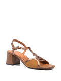 Chie Mihara Letouche camel suede and copper metallic leather T-strap slingback, circular hardware detail and block heel
