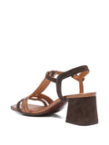 Chie Mihara Liluce women's dark brown suede and copper metallic T-strap slingback, block heel, luxury shoes made in Spain