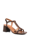 Chie Mihara Liluce brown suede and copper metallic leather T-strap slingback sandal, mid block heel