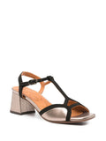 Chie Mihara Lipe black suede and iron silver metallic leather T-strap sandal, open square toe and stylish comfortable mid block heel, artisan leather shoes

