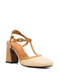 Chie Mihara Mahedi women's pump in cream perforated leather and ochre T-strap, high block heel