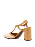 Chie Mihara Mahedi ochre and cream block heel pump with T-strap, luxury women's shoes made in Spain