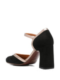 Chie Mihara Maisi women's black suede and champagne metallic leather ankle strap pump, high block heel, European designer shoes made in Spain