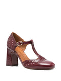 Chie Mihara Mante burgundy patent leather brogue T-strap pump, leather insole known for exceptional comfort and fit, handmade in Spain


