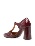 Chie Mihara Mante women's ruby patent leather brogue T-strap pump with high block heel, vintage inspired footwear made in Spain
