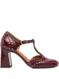 Chie Mihara Mante shoes in ruby patent leather and iron metallic leather with 8.5 cm T-bar heel