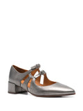 Chie Mihara Jersey Chie Mihara Mary Jane shoes, pewter metallic leather with double silver buckle straps, feminine designer shoes artisan shoes Spain

