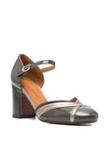 Chie Mihara Merman asphalt grey crinkle patent leather pump, round toe with steel metallic cross straps and high block heel, artisan leather shoes

