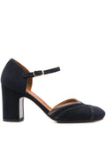 Chie Mihara MERMAN navy suede shoes with iron leather detail and 8.5 cm heel
