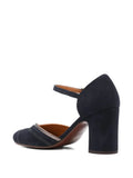Chie Mihara MERMAN navy suede shoes with iron leather detail and 8.5 cm heel