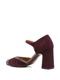 Chie Mihara Mindel women's Chie Mihara Mary Jane shoes in burgundy suede and pewter metallic leather, high block heel, European designer shoes made in Spain