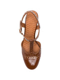 Chie Mihara Mira cognac patent leather slingback, brogue perforated block heel and ankle buckle, made in Spain
