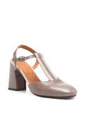 Chie Mihara Missy taupe grey patent leather and cream T-bar slingback pump, comfortable high block heel and ankle strap buckle, artisan leather shoes

