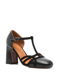 Chie Mihara Mizan black leather and suede cutout T-strap shoe, high block heel and ankle buckle

