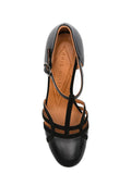 Chie Mihara Mizan black leather and suede cutout T-strap shoe, leather sole with non-slip rubber pad, known for exceptional comfort and fit, handmade in Spain

