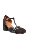 Chie Mihara Mizan heels, dark brown suede with bronze metallic and snake print leather cross straps, artisan shoes Spain

