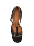 Chie Mihara Mizan unique heel design, dark brown suede and bronze metallic T-bar pump, European designer shoes luxury everyday footwear

