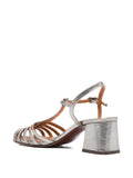 Chie Mihara Mustel pewter metallic block heel gladiator sandal with ankle strap, luxury shoes made in Spain