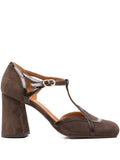 Chie Mihara Odessy brown suede heels with T-strap and block heel 8 cm