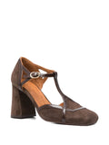 Chie Mihara Odessy brown suede heels with T-strap and block heel 8 cm