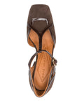 Chie Mihara Odessy brown suede heels with T-strap and block heel 8 cm