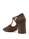 Chie Mihara Odessy women's dark brown suede and patent leather T-strap pump with high block heel, European designer shoes made in Spain
