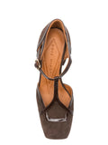 Chie Mihara Odessy dark brown suede and patent leather T-strap pump, leather insole known for exceptional comfort and fit, handmade in Spain

