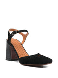 Chie Mihara Oidina black suede high heel pump, cross straps on vamp and lizard embossed block heel