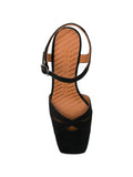 Chie Mihara Oidina black suede cross-strap pump, cognac leather insole with brand stamp, lizard block heel