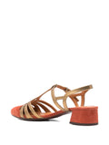 Chie Mihara Rosali women's terracotta suede and gold metallic leather fan strap slingback, comfortable low block heel, European designer shoes made in Spain

