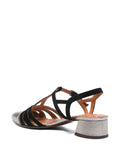 Chie Mihara Rosali women's block heel sandal in black suede and iron metallic, made in Spain