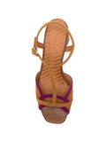 Chie Mihara Ryejo cognac and plum suede T-strap sandal, leather insole with brand stamp, lizard heel detail