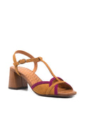 Chie Mihara Ryejo cognac and plum suede T-strap slingback sandal with lizard embossed block heel