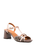 Chie Mihara Ryejo nude and snake print leather T-strap sandal, mid block heel and ankle buckle