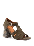 Chie Mihara Fiza Chie Mihara sandals khaki olive suede, cage T-bar design with embossed textured block heel and ankle strap buckle, artisan shoes Spain

