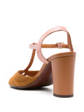 Chie Mihara Biagio statement shoes women, camel suede and blush pink leather T-strap sandal with unique high block heel, boutique designer footwear European designer shoes

