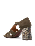 Chie Mihara Fiza statement shoes women, khaki olive suede cage T-bar sandal with unique embossed textured block heel, boutique designer footwear European designer shoes

